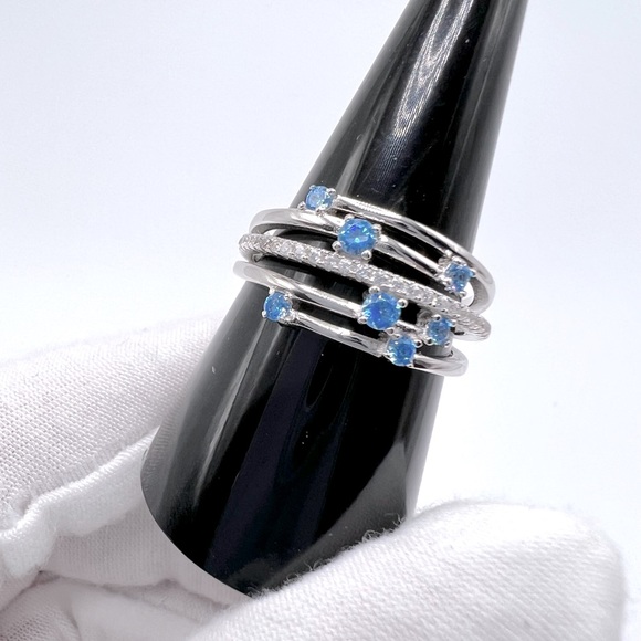 Sterling Silver Blue Topaz Cz & Clear Cz Ring - Picture 5 of 17